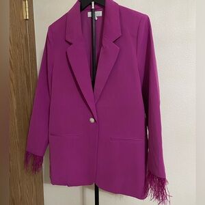Wayf Magenta Blazer with Feather Cuffs